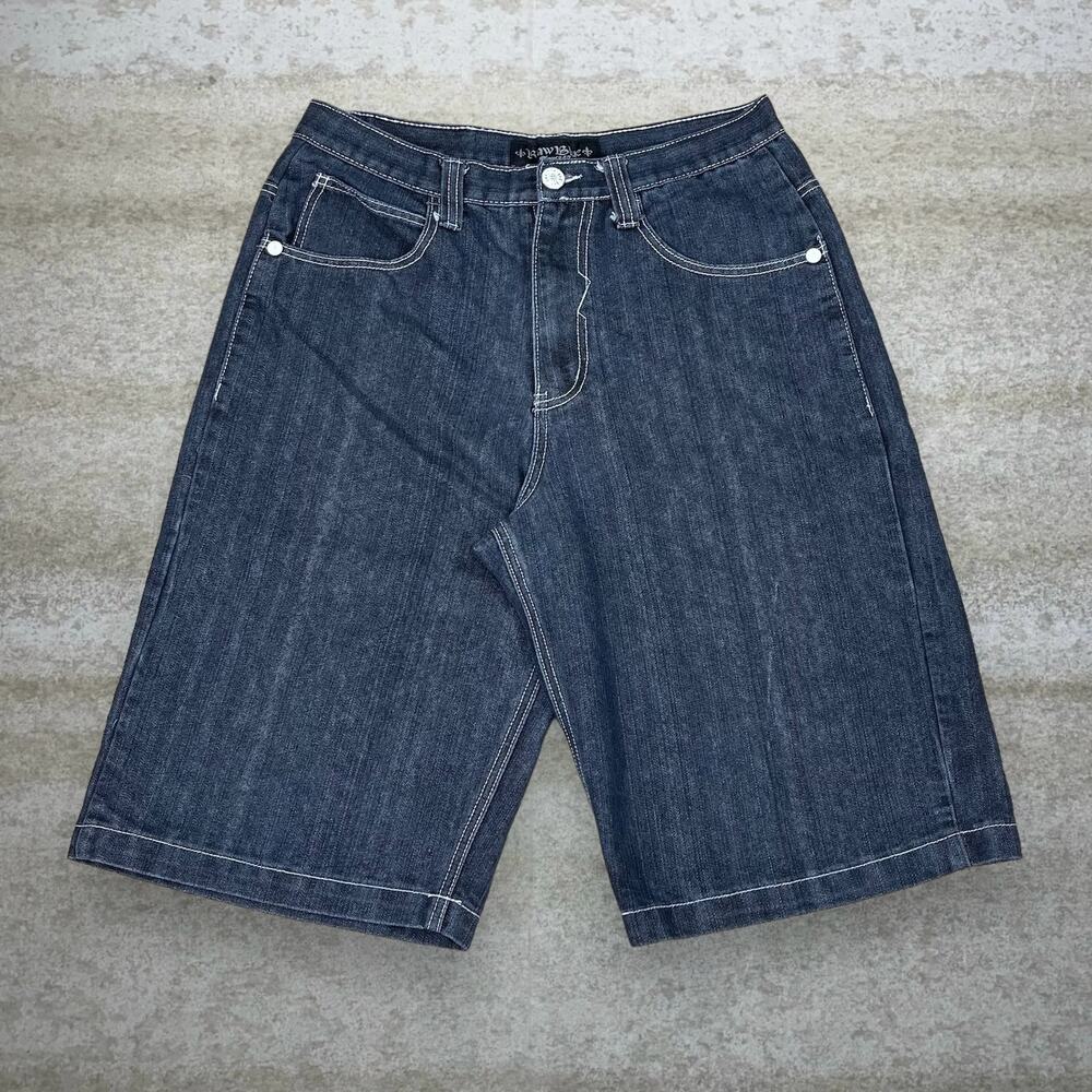 Vintage Y2K Skater Jean Shorts 34x14 Baggy Wide Leg Smoke Black Wash Denim - Picture 2 of 4